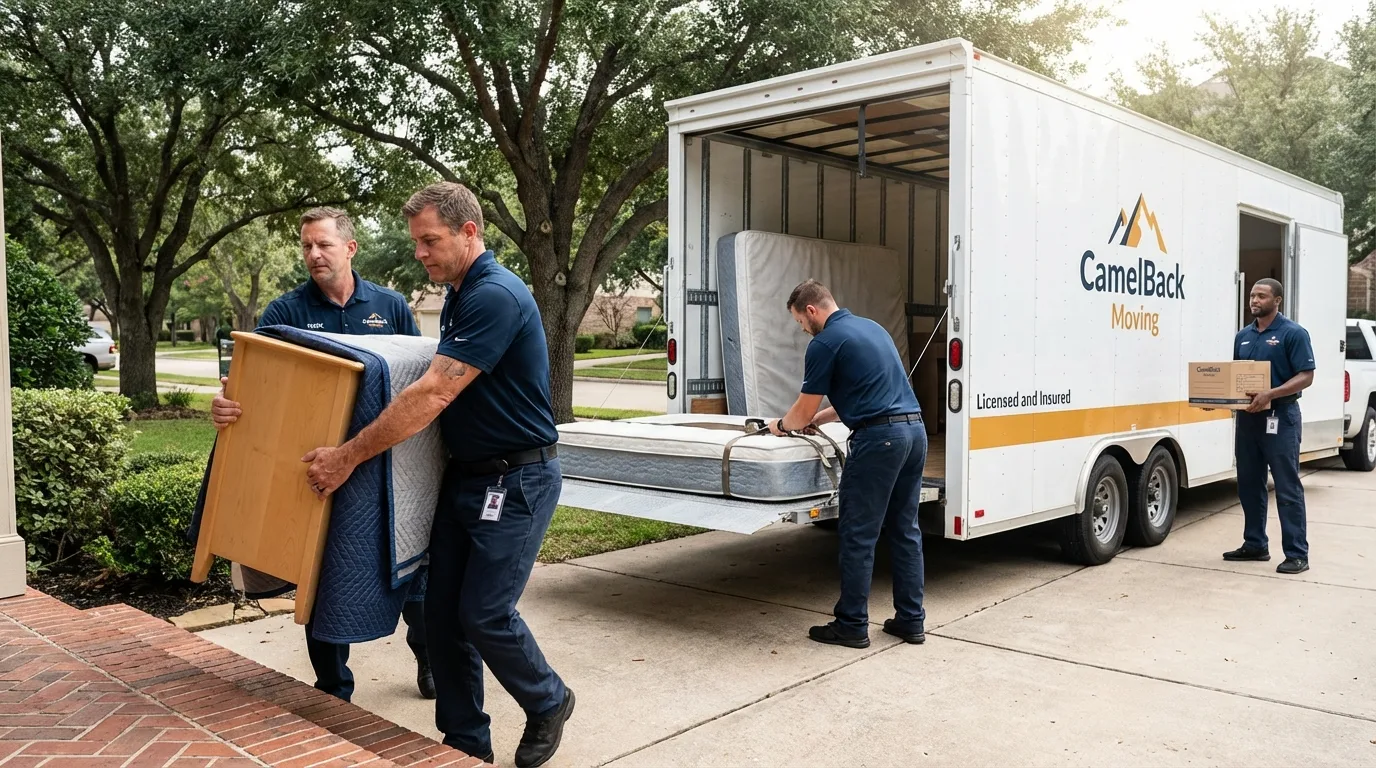 Crew loading residential truck for cross-state move from Donna, TX