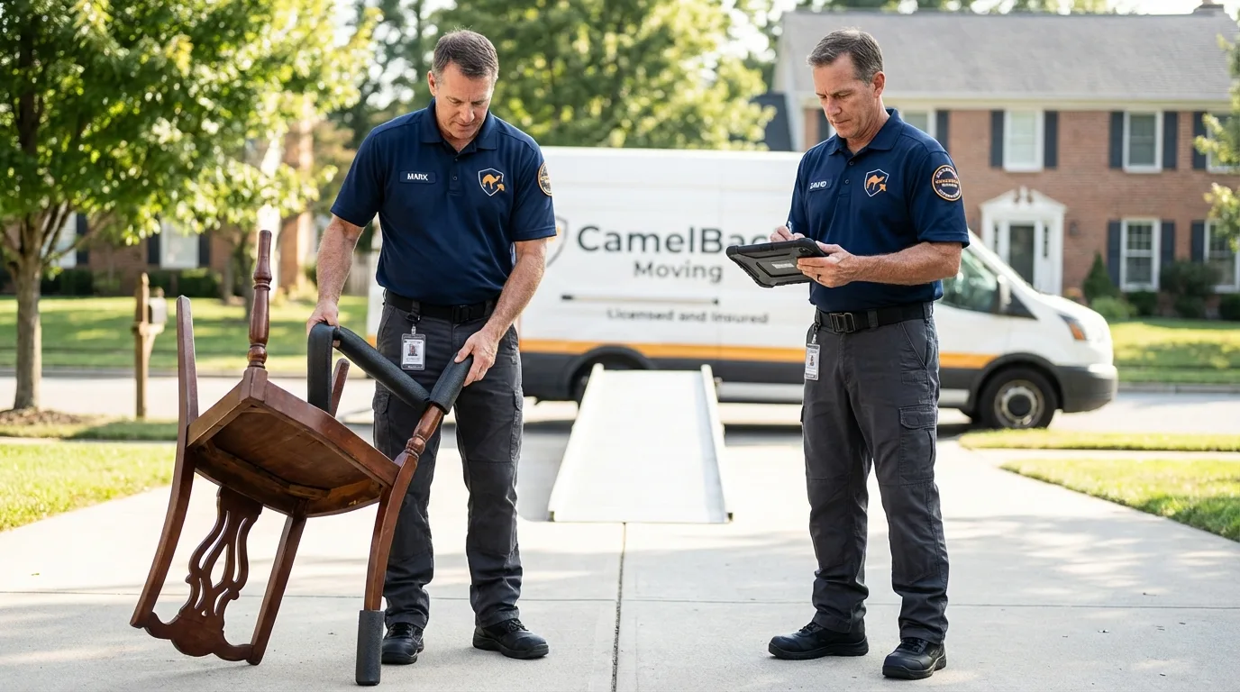 Movers inspecting furniture for damage prevention before loading in Donna, TX