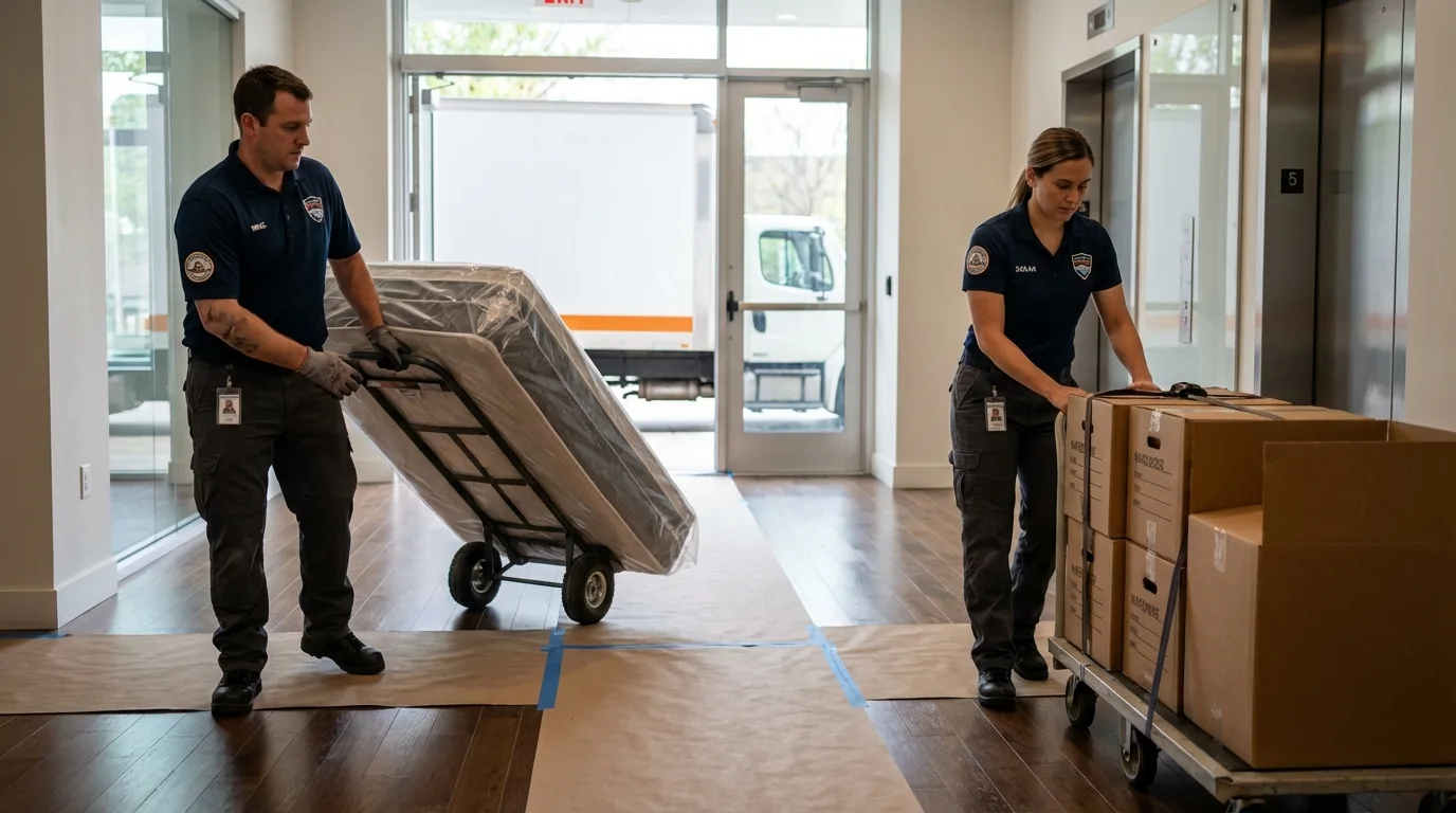 Professional apartment movers loading elevator in Donna, TX